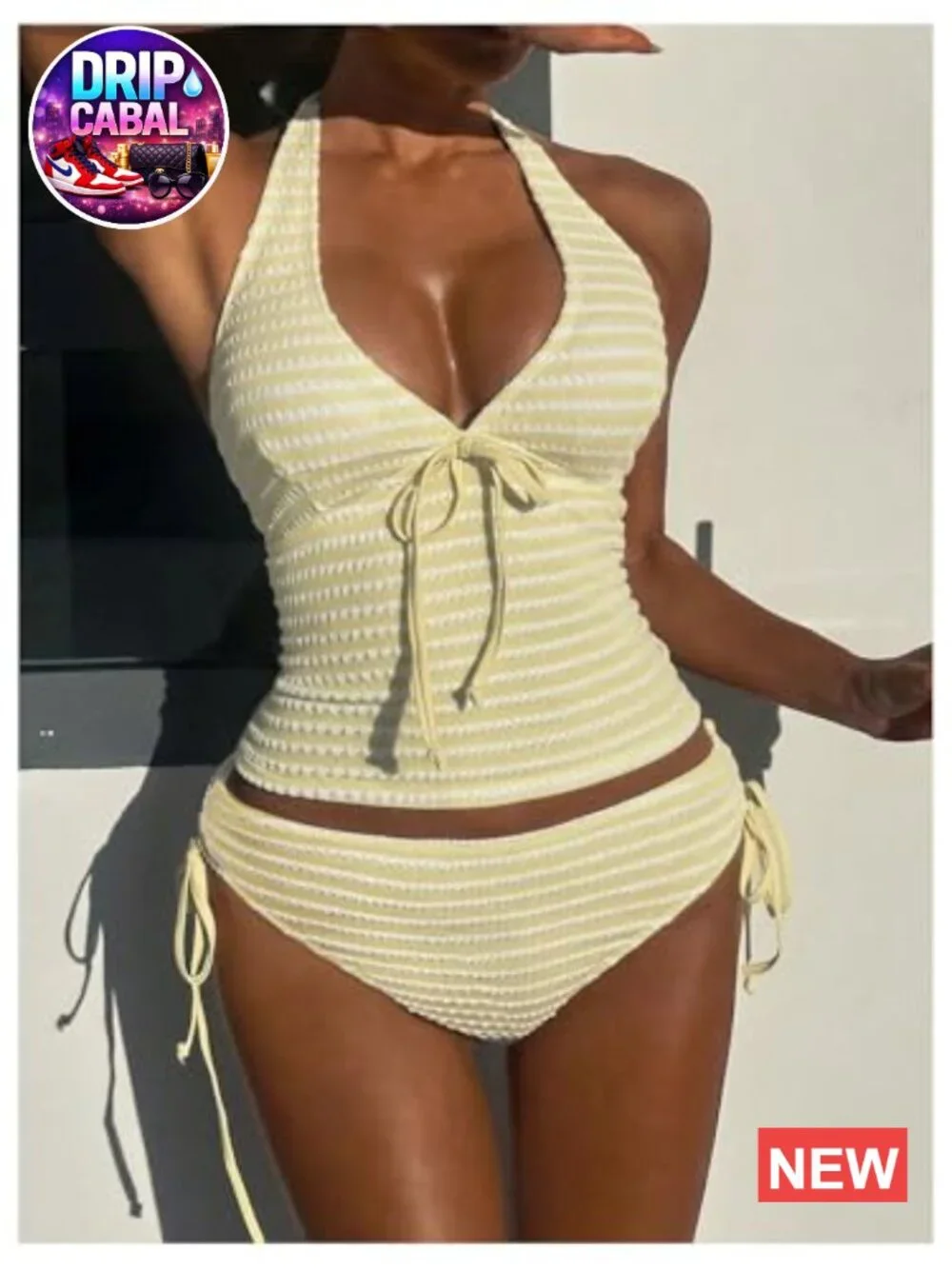 Striped High Waisted Halter 2 Piece Tankini with Removable Padding Soft Stretch